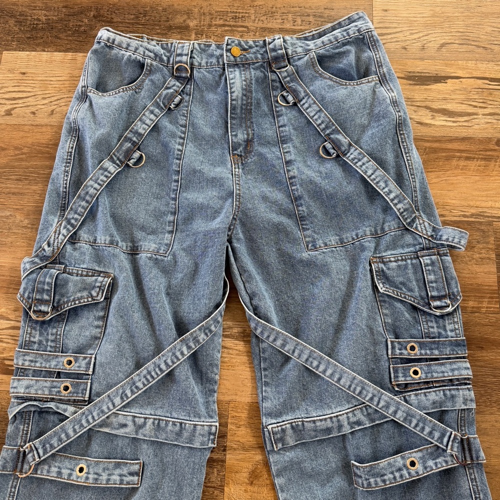 Strappy zipper Goth punk Rave wide leg  jeans 2XL